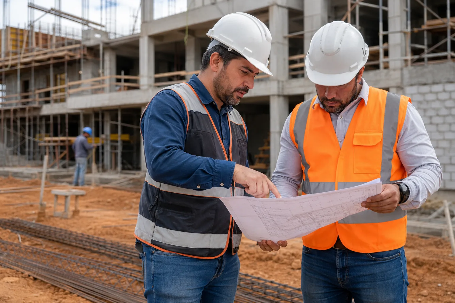 Profissionais da construção analisando projeto técnico em obra