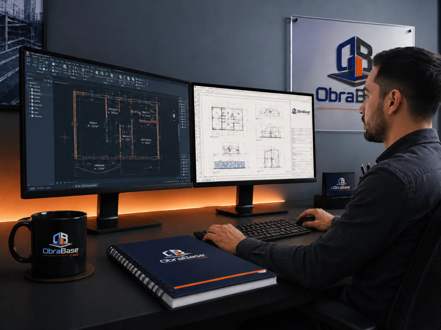 Profissional em estação de trabalho técnica realizando apoio em CAD e projetos de obra