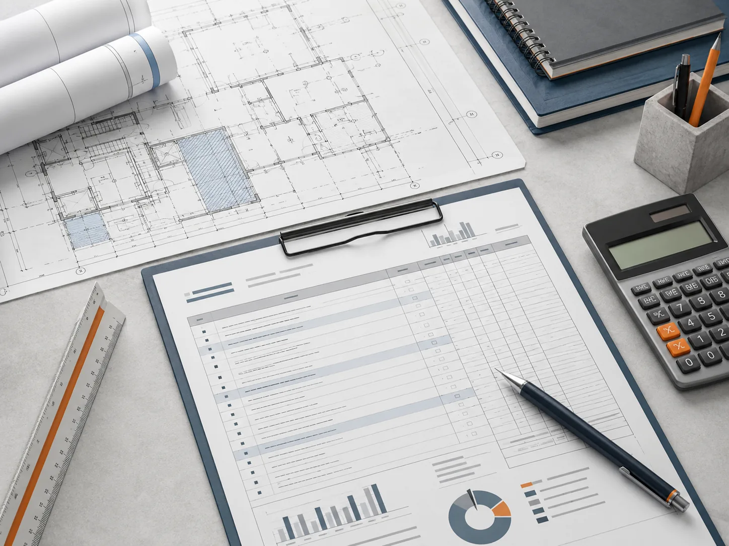Mesa técnica com planta, calculadora e planilha de quantitativos