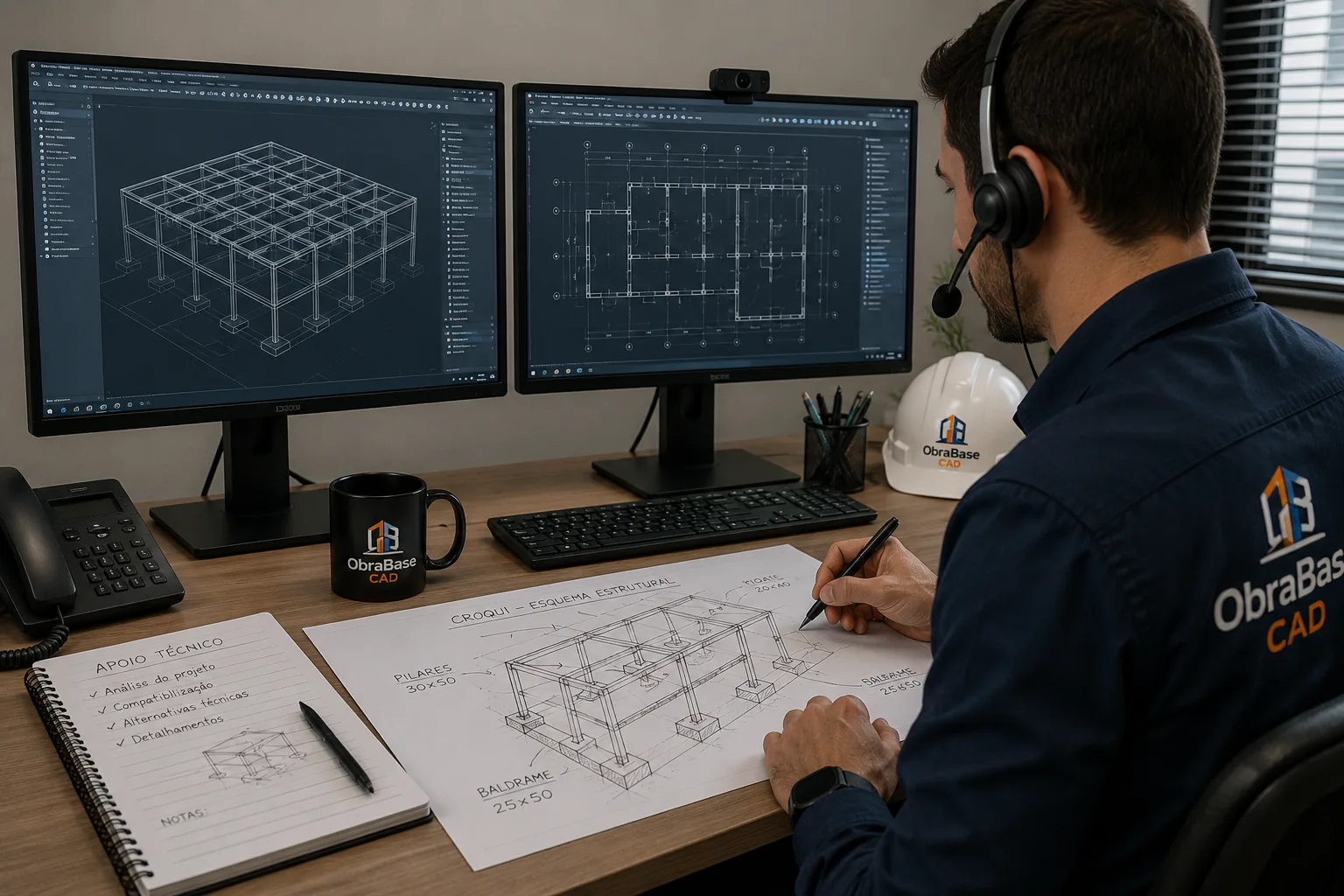 Estação técnica mostrando croqui manual e desenho CAD